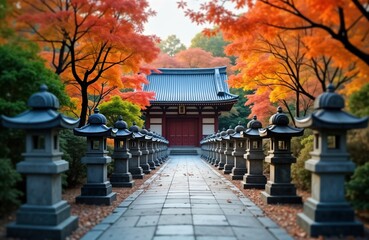 Fototapeta premium Traditional Japanese stone lanterns line path leading to temple gate in autumn. Vibrant fall foliage surrounds walkway creating serene, peaceful atmosphere. Scene evokes sense of zen, tranquility.