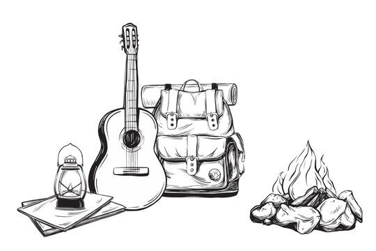 Tourist composition with Backpack and Guitar. Hiking lamp and different white black books in a linear style. Map vector illustration in linear drawing style. Hand drawn of camping adventure with Fire.