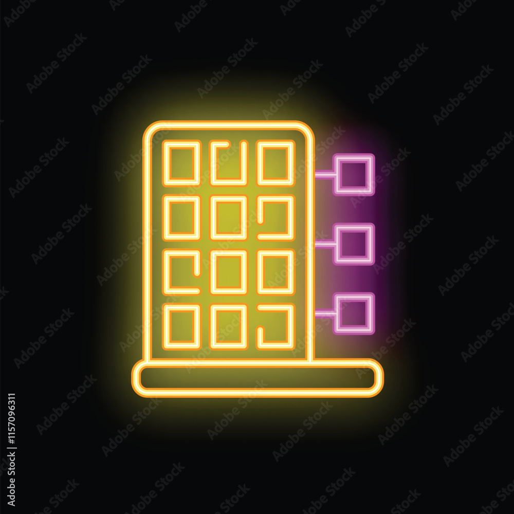 Poster neon glowing icon of a smart building management system analyzing data in real time