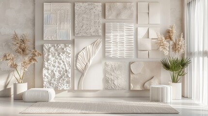 A beautiful array of minimalist wall art panels with subtle patterns and textures, presented on a neutral white background to add a touch of sophistication to any space
