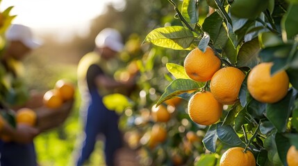 Workers picking ripe oranges from trees on a sunny day at a farm