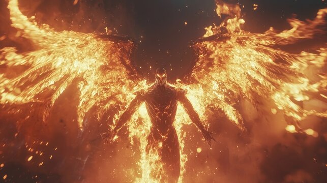 Fiery angel, demonic figure engulfed in flames, wings ablaze.