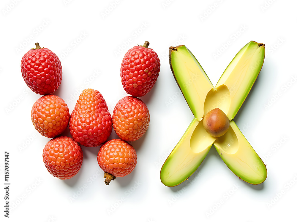 Poster lychee and avocado isolated letters w and x made from fruit on a white background in perfect isolati
