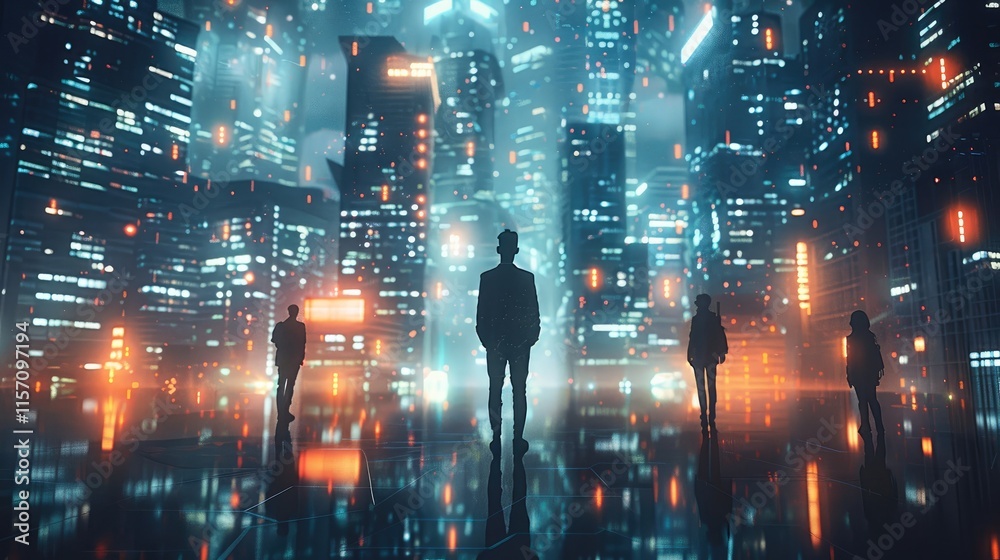 Poster City skyline mixed with digital technology overlays, skyscrapers illuminated by light grids and data lines, diverse team members collaborating in a tech-driven.