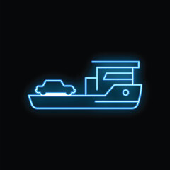 Blue neon sign of a ferry boat transporting a car, representing concepts such as transportation, travel, and maritime industries