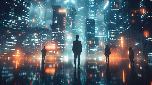 City skyline mixed with digital technology overlays, skyscrapers illuminated by light grids and data lines, diverse team members collaborating in a tech-driven.