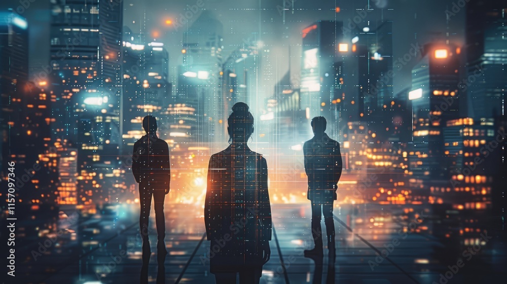 Poster city skyline mixed with digital technology overlays, skyscrapers illuminated by light grids and data