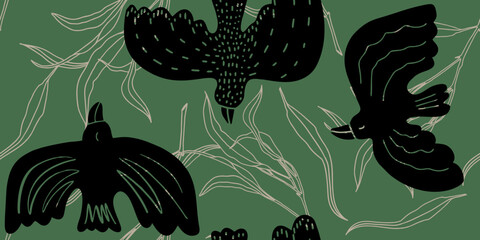 Seamless pattern botanical hand drawn beautiful style ornament with birds. Abstract trendy monochrome print. Fashionable vector template for your design.
