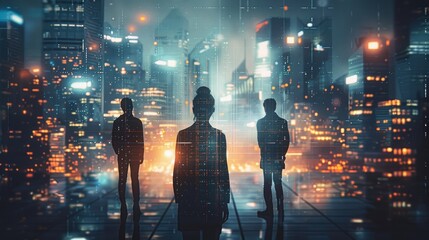 City skyline mixed with digital technology overlays, skyscrapers illuminated by light grids and data lines, diverse team members collaborating in a tech-driven.