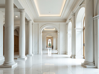 Fototapeta premium Luxury Interior Features White Marble, Spacious Design, Column Pillars, And A Grand Colonnaded Entrance In A Refined Setting. 00003