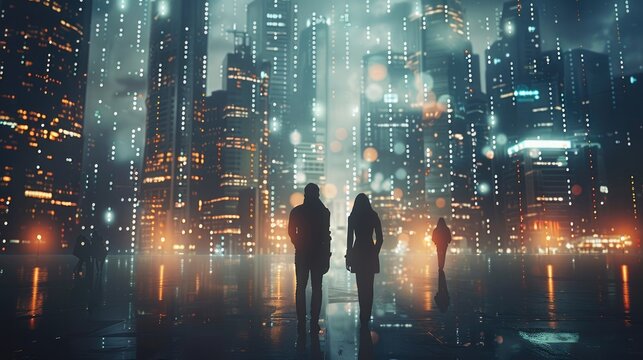 City skyline mixed with digital technology overlays, skyscrapers illuminated by light grids and data lines, diverse team members collaborating in a tech-driven.