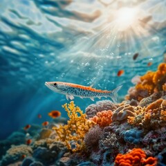 An underwater scene with a coral reef and a solitary barracuda swimming by.