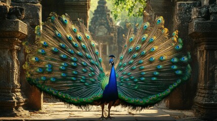 Obraz premium A front-facing view of an Indian peacock spreading its tail feathers wide against a backdrop of ancient stone ruins, detailed and photorealistic