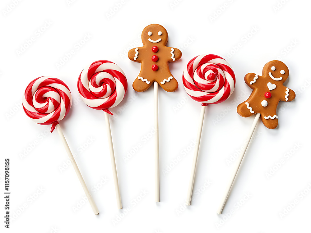 Poster lollypops and gingerbread treats are isolated on a clean white background for easy viewing and decor
