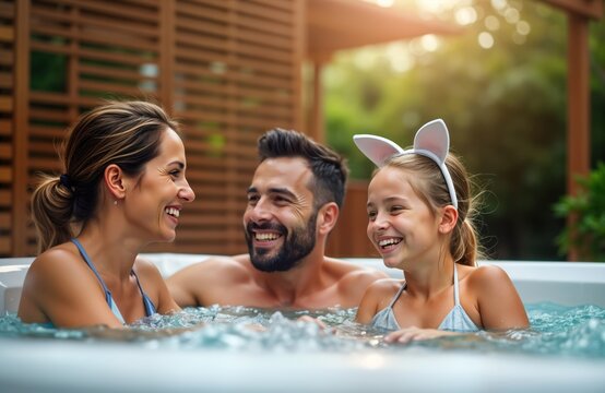 Happy family relaxes in a summer outdoor jacuzzi. Parents and daughter enjoy warm water. They are laughing and having fun together. Family vacation moments.