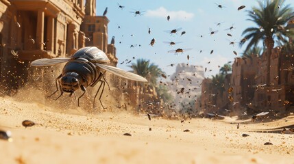 Obraz premium Giant insect flies through desert town, swarm.
