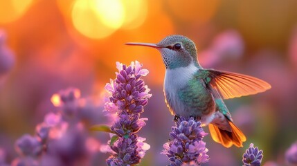 Obraz premium Hummingbird perched on lavender at sunset.