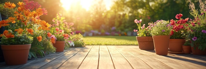 Obraz premium Sunny terrace wooden deck with colorful flower pots of blooming summer flowers during sunset.