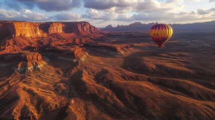 Naklejka premium Hot air balloon floats over a vast desert landscape with rocky formations and distant mountains during sunset