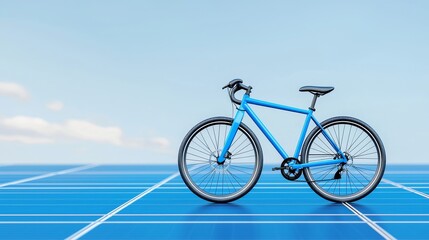 Fototapeta premium Near solar panels, a blue bicycle is parked, exemplifying sustainable energy and eco-friendly travel in the city.