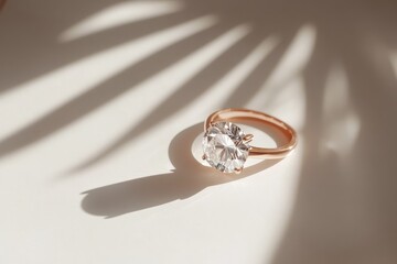 A strikingly large diamond ring is detailed against a sunlit backdrop, casting an impressive shadow that emphasizes its size and magnificent presence.