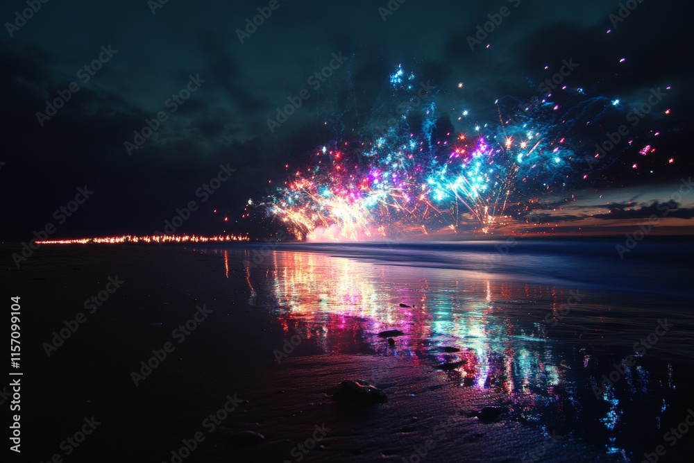 Poster Vibrant fireworks burst above a calm beach at night, casting a stunning reflection on the wet sand, creating an enchanting and mesmerizing visual spectacle.