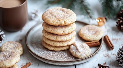 Soft, chewy snickerdoodle cookies with a golden-brown exterior and a light cinnamon sugar coating, stacked on a rustic plate with a few cookies scattered around.