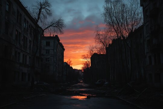 An empty street framed by silhouetted buildings under a stunning orange sunrise, creating a sense of abandonment, tranquility, and the start of a new day.