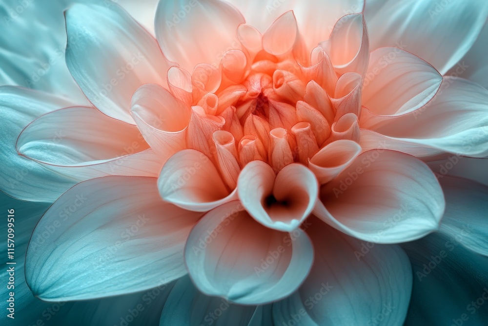 Poster a close-up view of a stunning dahlia in soft pastels with intricate petal structures bathed in sunli
