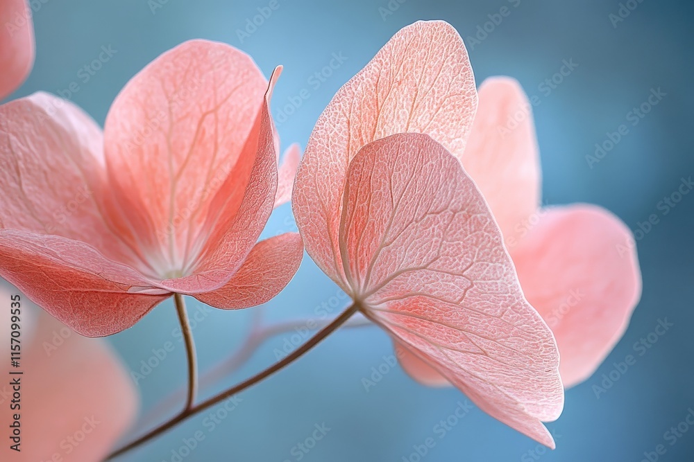 Aufkleber a close-up of delicate pink petals against a calming blue background, showcasing the intricate veini