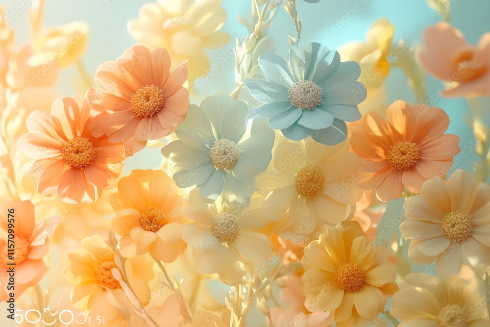 Aufkleber a dreamy array of pastel flowers shining under soft light, featuring diverse blossoms in calming hue