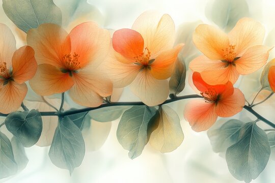 An exquisite arrangement of warm-toned orange blossoms framed by muted blue leaves, harmonizing earthy warmth and cool tones in a serene, captivating composition.