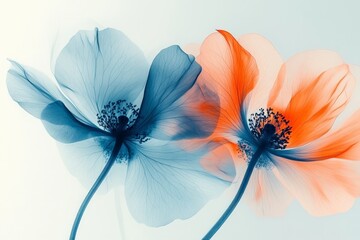 Obraz premium This image showcases a captivating duo of translucent flowers, bathed in ethereal blue and orange hues, creating a stunning, dreamy visual effect.