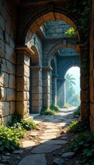 Fototapeta premium Cobweb-covered stone walls lined with ancient tomes, books, stone