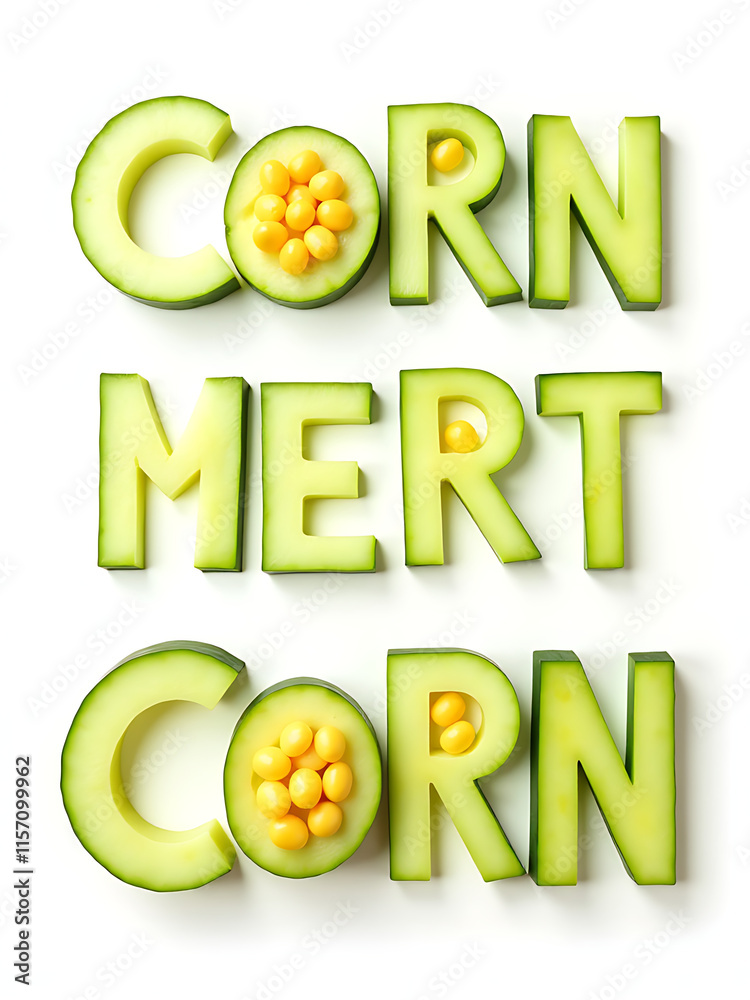 Poster Letters Made From Cucumber Slices And Corn Kernels Isolated On A White Background For Easy Identification And Comparison. 00002