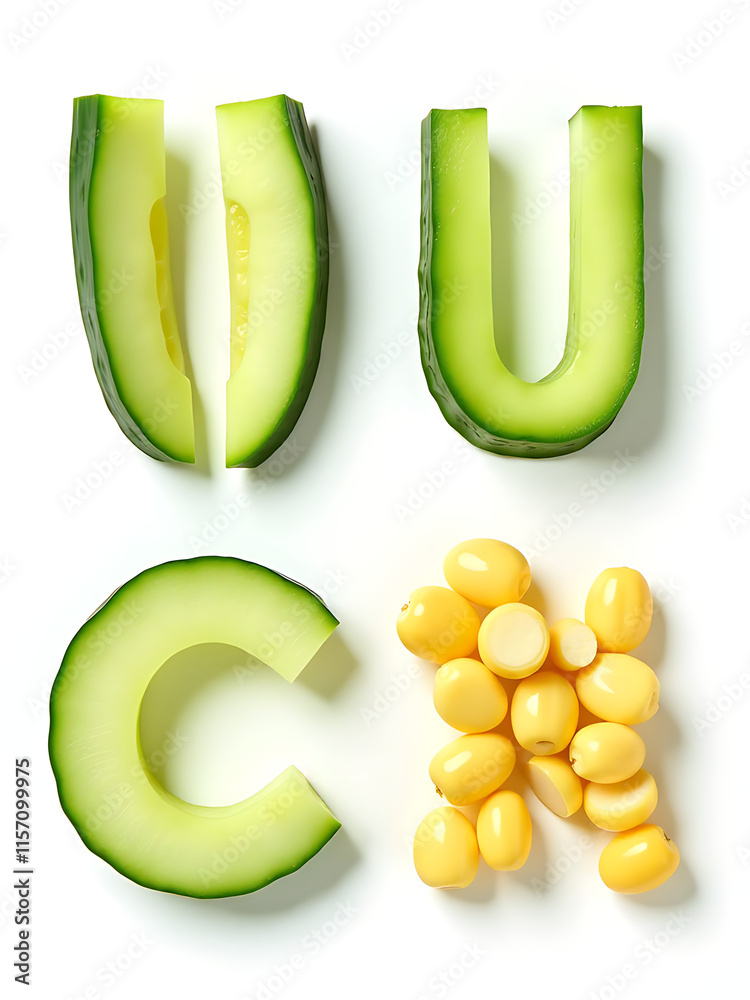 Poster Letters Made From Cucumber Slices And Corn Kernels Isolated On A White Background For Easy Identification And Comparison. 00003