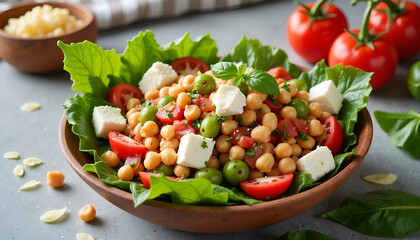 Fresh chickpea salad with tomatoes, cheese, and greens served in a wooden bowl