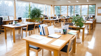 Obraz premium Modern Office Workspace with Wooden Tables and Large Windows