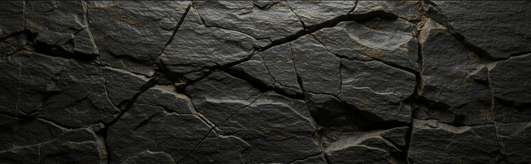 Volumetric rock texture with cracks. Black stone background with copy space for design. Wide banner