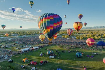 Obraz premium Colorful hot air balloons soar over a large crowd during a festival in a scenic valley at sunset