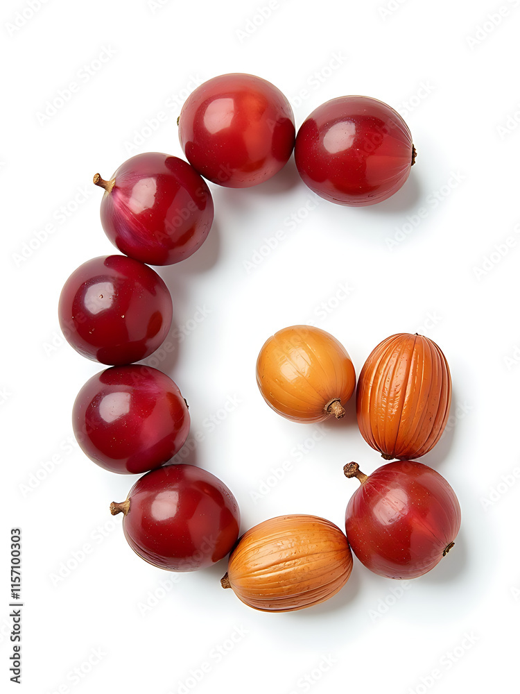 Poster Letters G And H Are Made From Grape And Hazelnut Shapes Isolated On A White Background For An Alphabet Theme. 00003