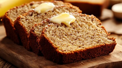 Warm, fluffy banana bread sliced on a wooden board with a dollop of melted butter on top, in the background for a comforting homemade feel .