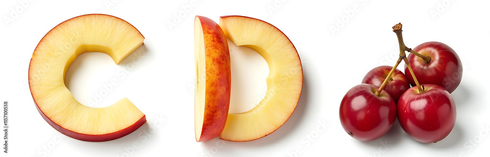 Poster letters c and d made of apple slices and grapes isolated on a clean white background for illustratio