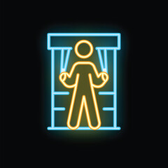 Neon icon of a puppet master controlling a human like a marionette, representing concepts like manipulation and lack of freedom