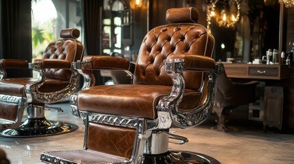 Stylish barber shop interior with elegant leather chairs