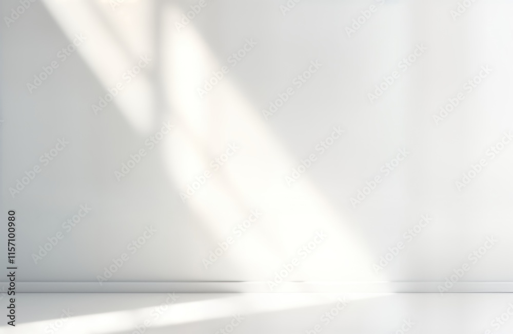Aufkleber Empty indoor studio space with white walls, floor. Sunlight streams in through window creating soft shadows on wall. Minimalist, modern design perfect for product presentations or text insertions.