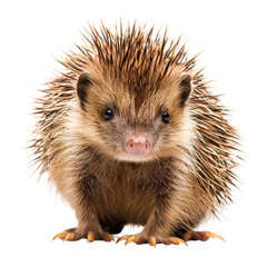 Obraz premium Closeup portrait of a curious and adorable hedgehog with prickly spiny brown and gray fur standing and looking intently at the This small