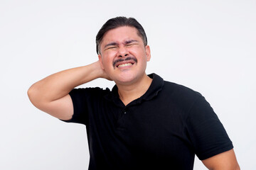 Man Experiences Neck Pain on a White Isolated Background