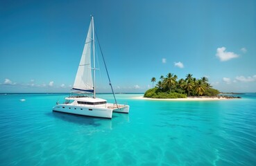 White catamaran sails in turquoise ocean near tropical island. Beautiful blue sky. Idyllic paradise scene. Calm water around the boat. Palm trees on sandy island. Perfect summer vacation destination.