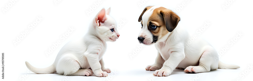 Poster kitten and puppy isolated on a white background in a simple black and white graphic design. 00001